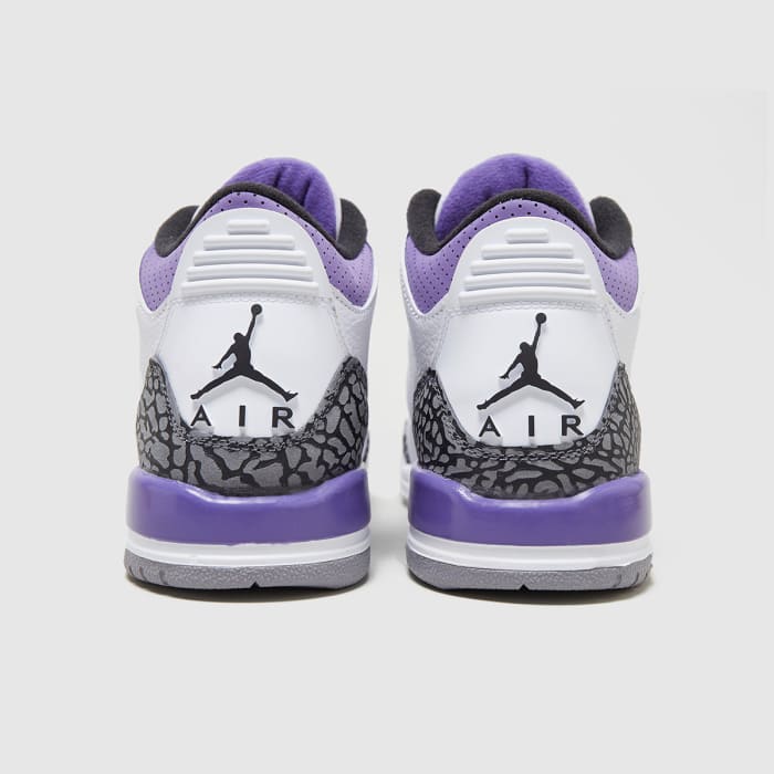 Air Jordan 3 'Dark Iris' drops on August 24, 2022, for $200. The white and purple sneakers pay a subtle nod to Los Angeles Lakers legend Kobe Bryant.
